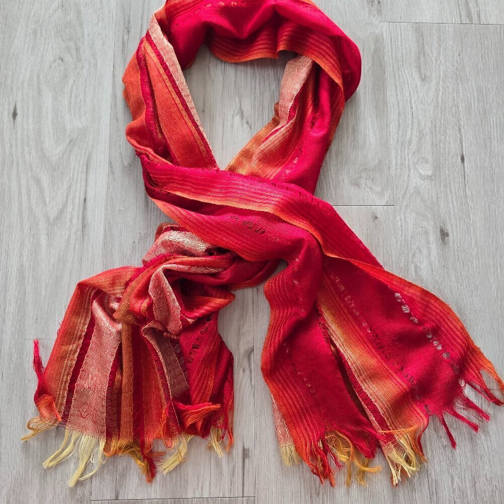 boho red gold rayon blend handwoven medium length rectangle scarf